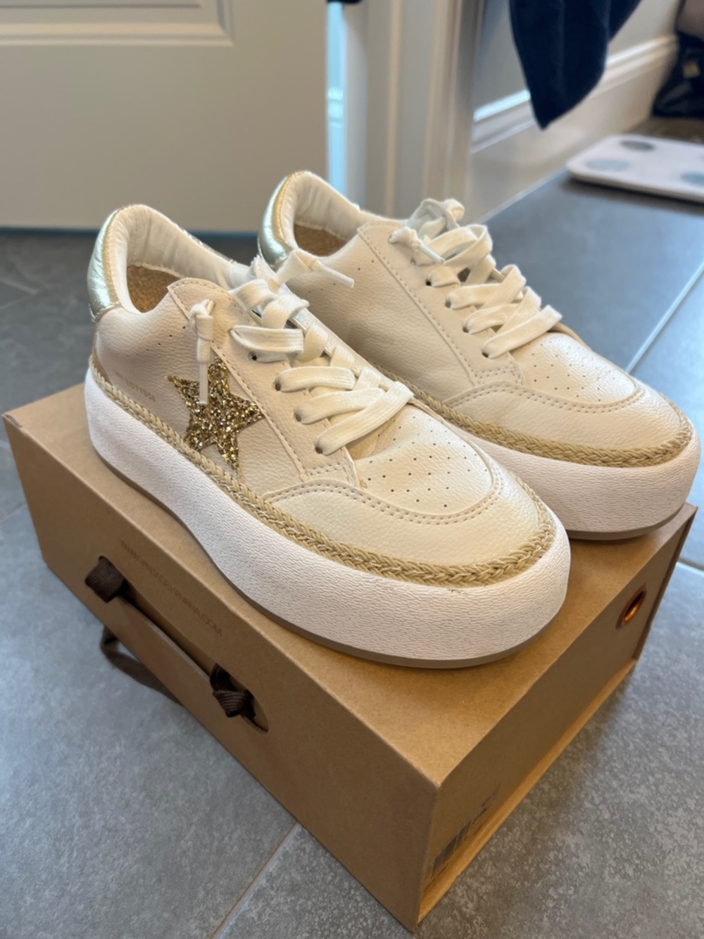 Vintage Havana Cream Sneakers with Gold Star and Metallic Heel